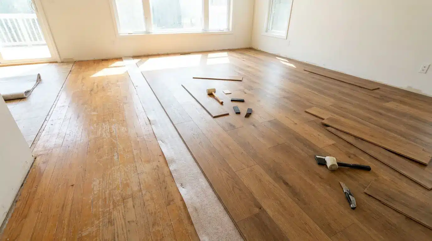 Open-plan living and dining area comparing hardwood and luxury vinyl plank flooring with large windows and modern furniture.