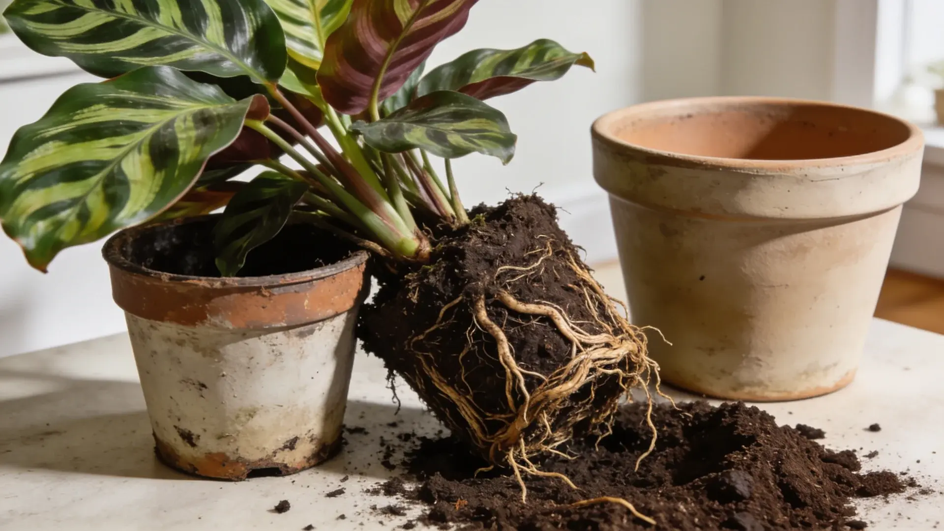 Calathea with exposed root ball beside new pot ready for repotting