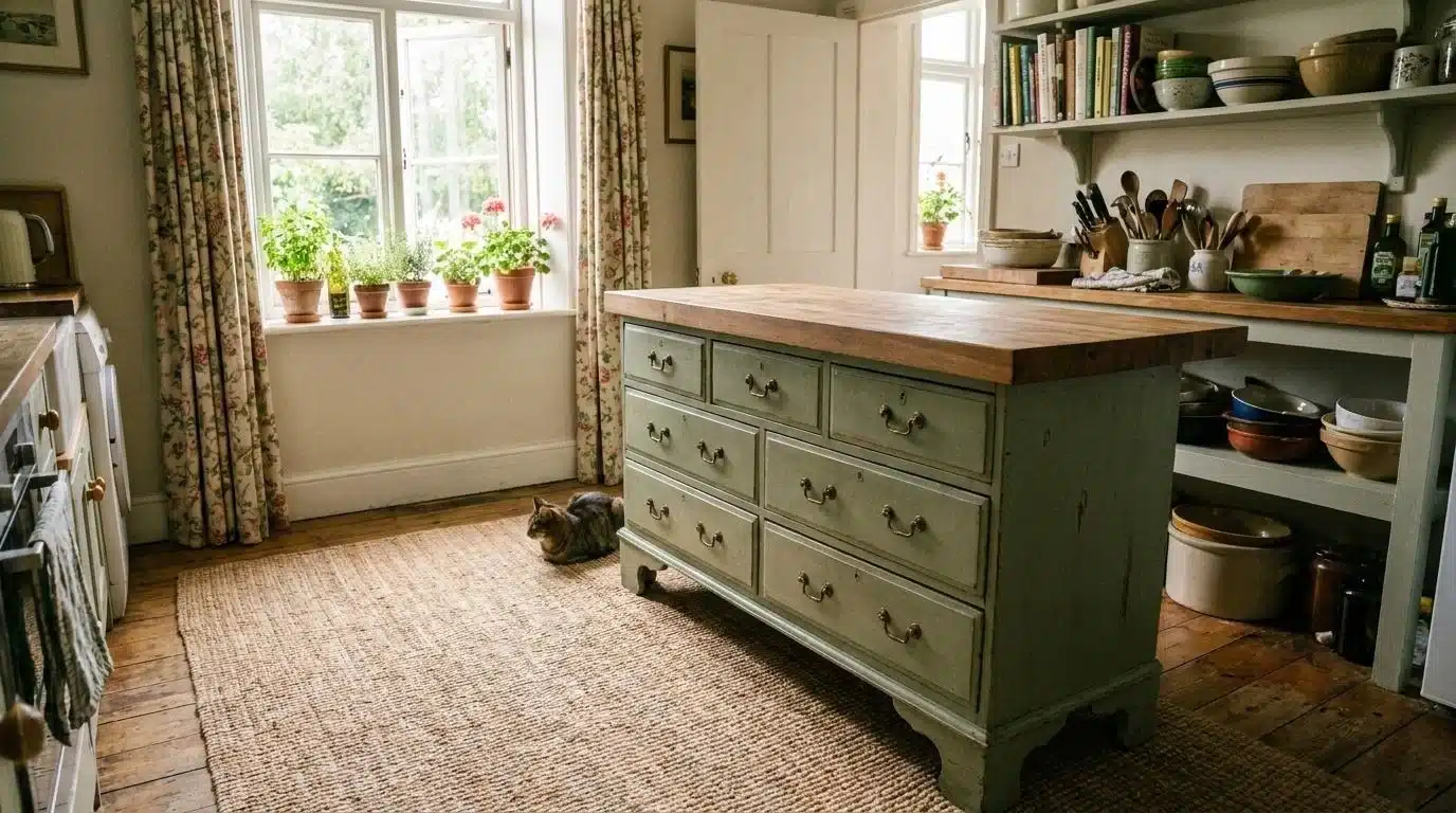Vintage dresser repurposed as kitchen island