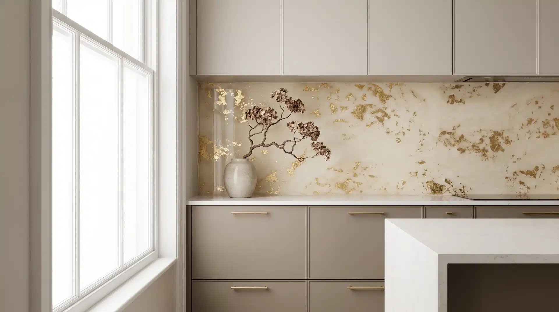 Ivory resin splashback with embedded gold metallic leaf behind greige handleless cabinetry and brushed gold hardware.