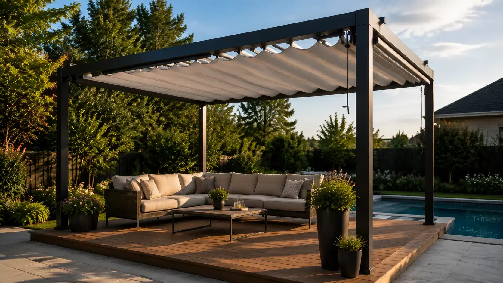Retractable roof pergola with adjustable covering that provides flexible shade and weather protection for an outdoor patio space.
