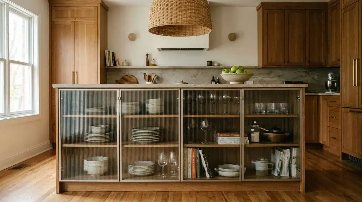 Kitchen island with ribbed glass cabinet doors