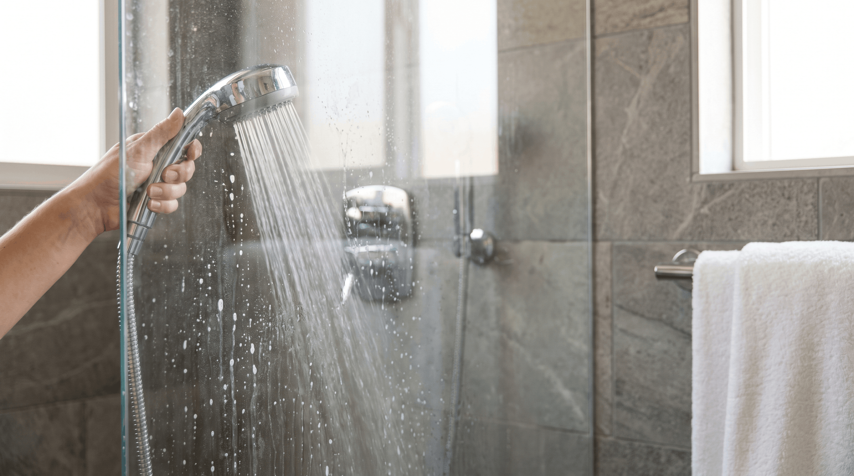 Rinsing shower glass with warm water to remove loose dirt and soap residue before cleaning.