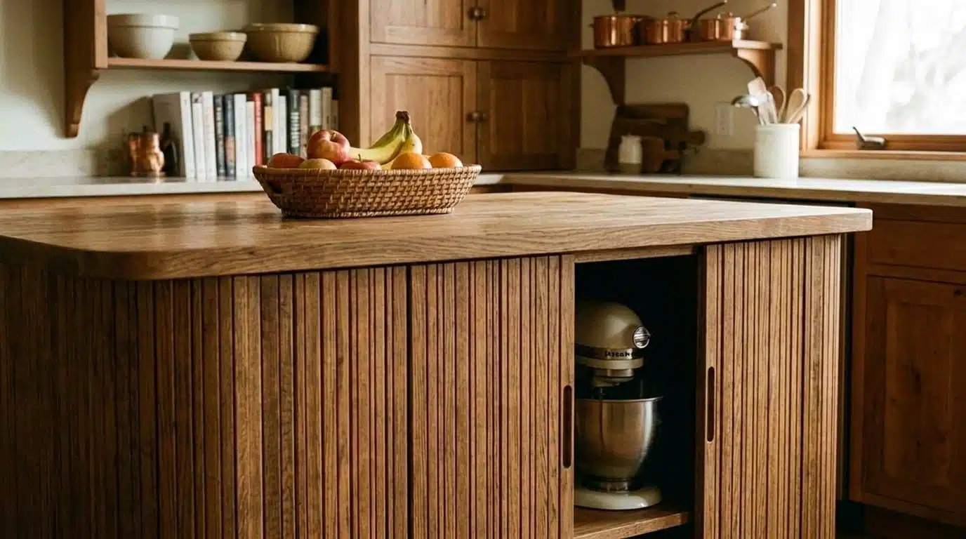 Kitchen island with roll-down appliance door