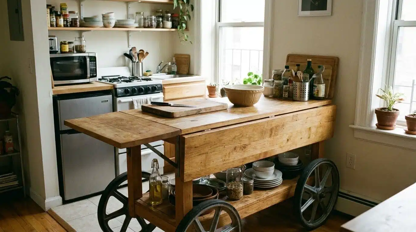 Rolling kitchen cart with drop-leaf extension