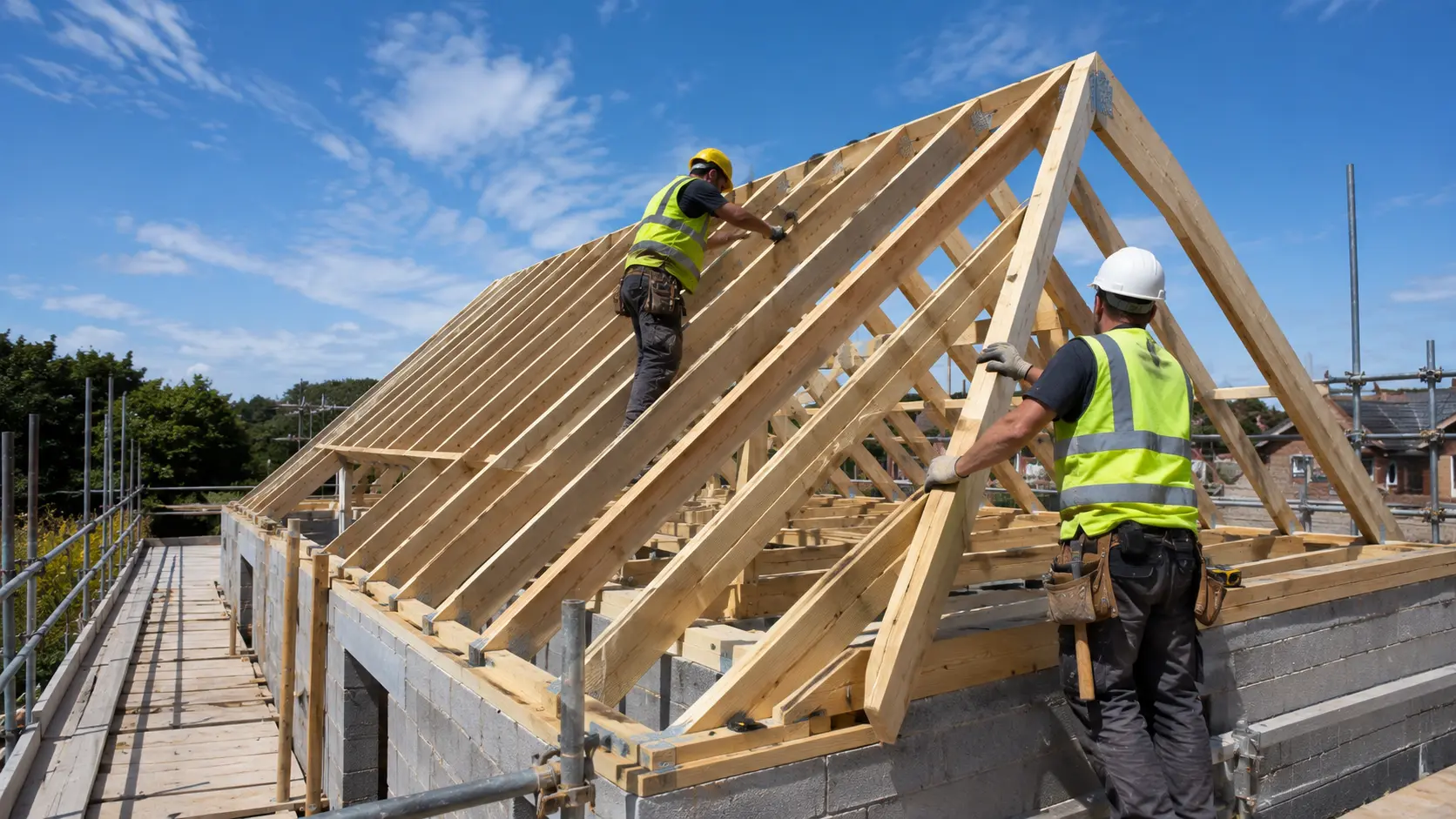 Builders installing C16 timber roof trusses on a house frame with scaffolding under a clear blue sky.