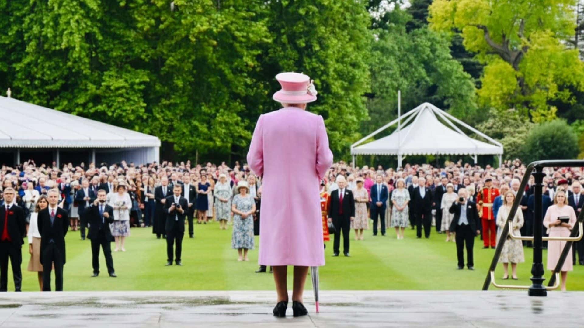 Queen Elizabeth II in a pink coat and hat viewed from behind facing a large crowd of guests.