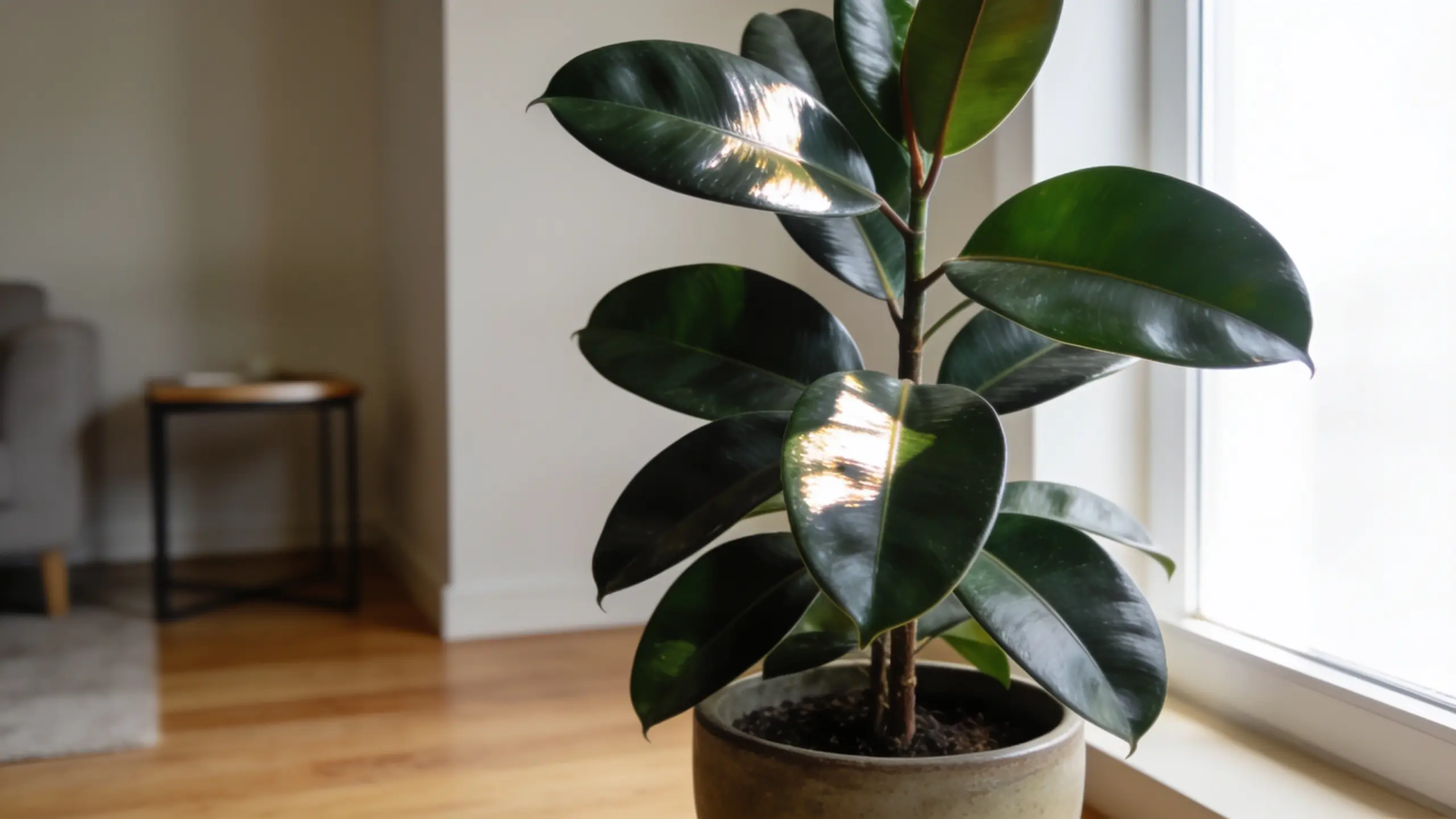Rubber plant with large glossy green leaves in an indoor pot, placed near a window with soft natural light.