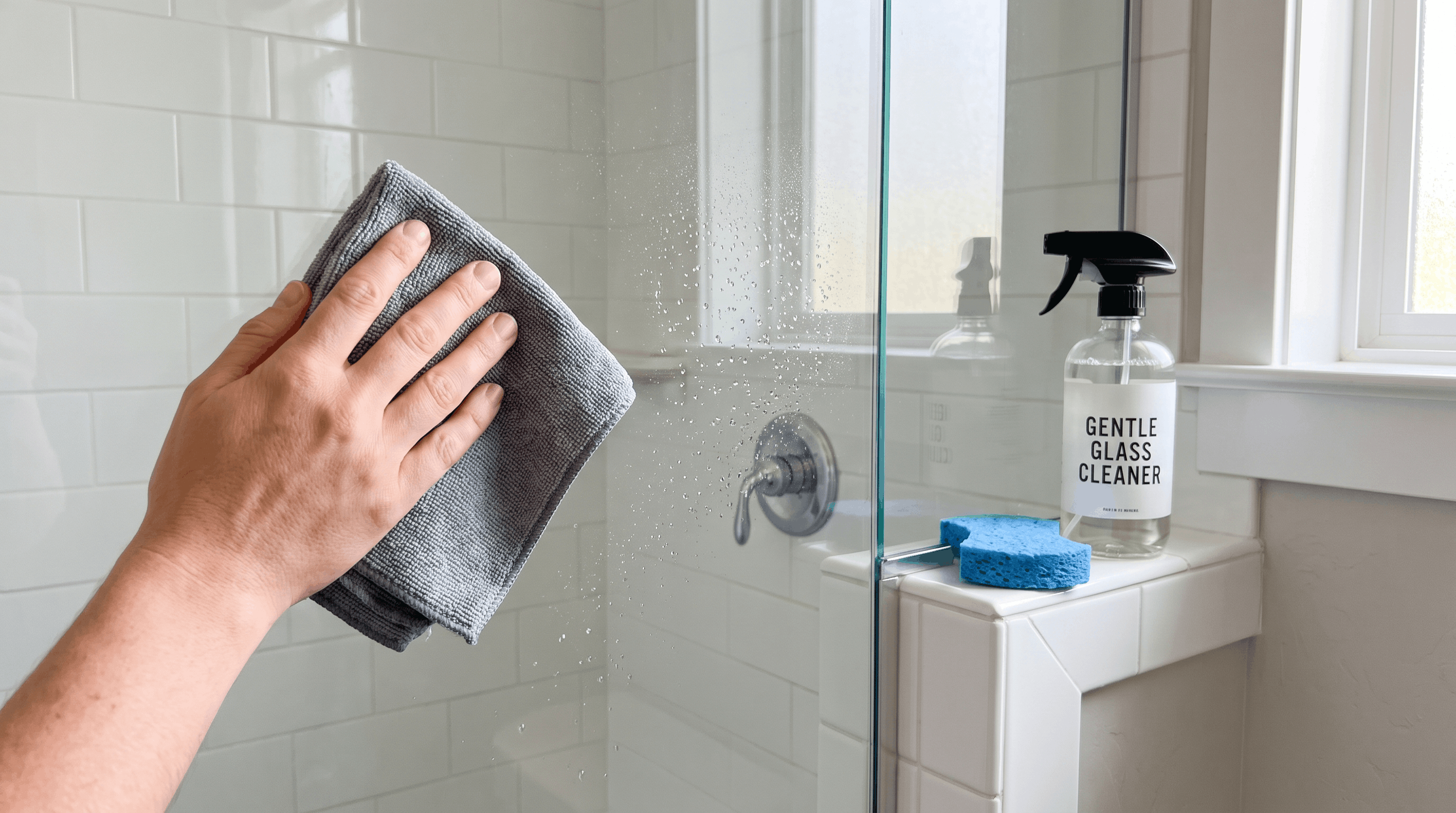 Gentle microfiber cleaning method for protecting shower glass from scratches.
