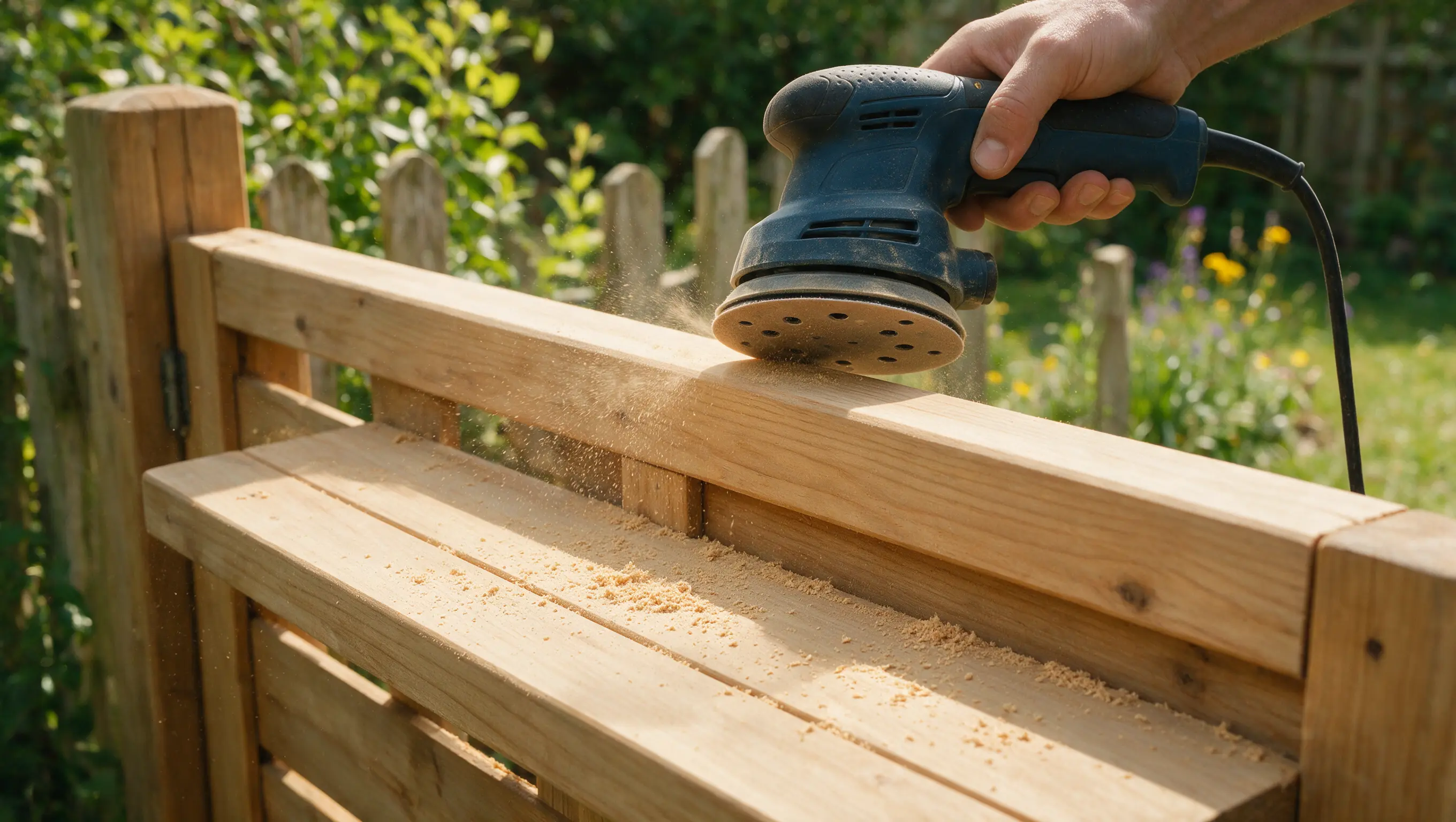 Person sanding the edges of a wooden garden gate with an orbital sander to create a smooth finish before sealing.