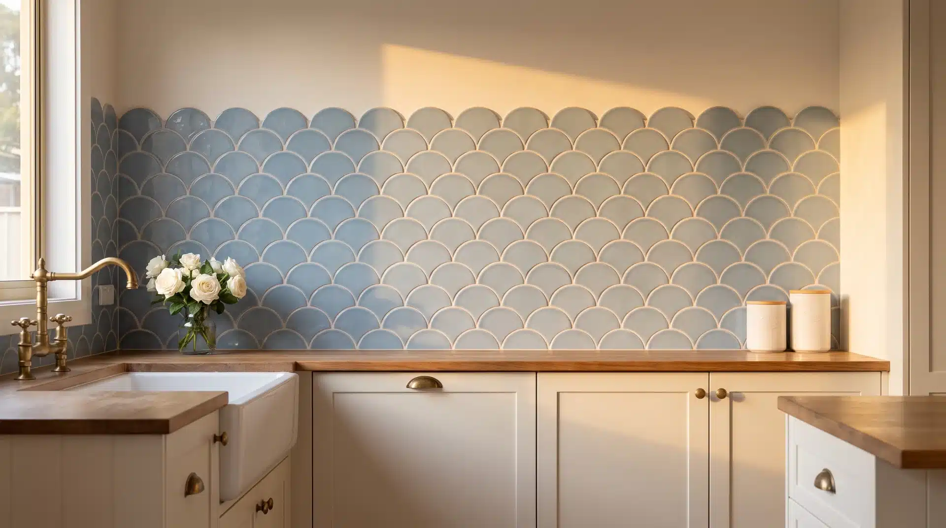 Dusty blue scallop tile splashback with curved shadow lines behind white cabinetry and a vase of white garden roses.