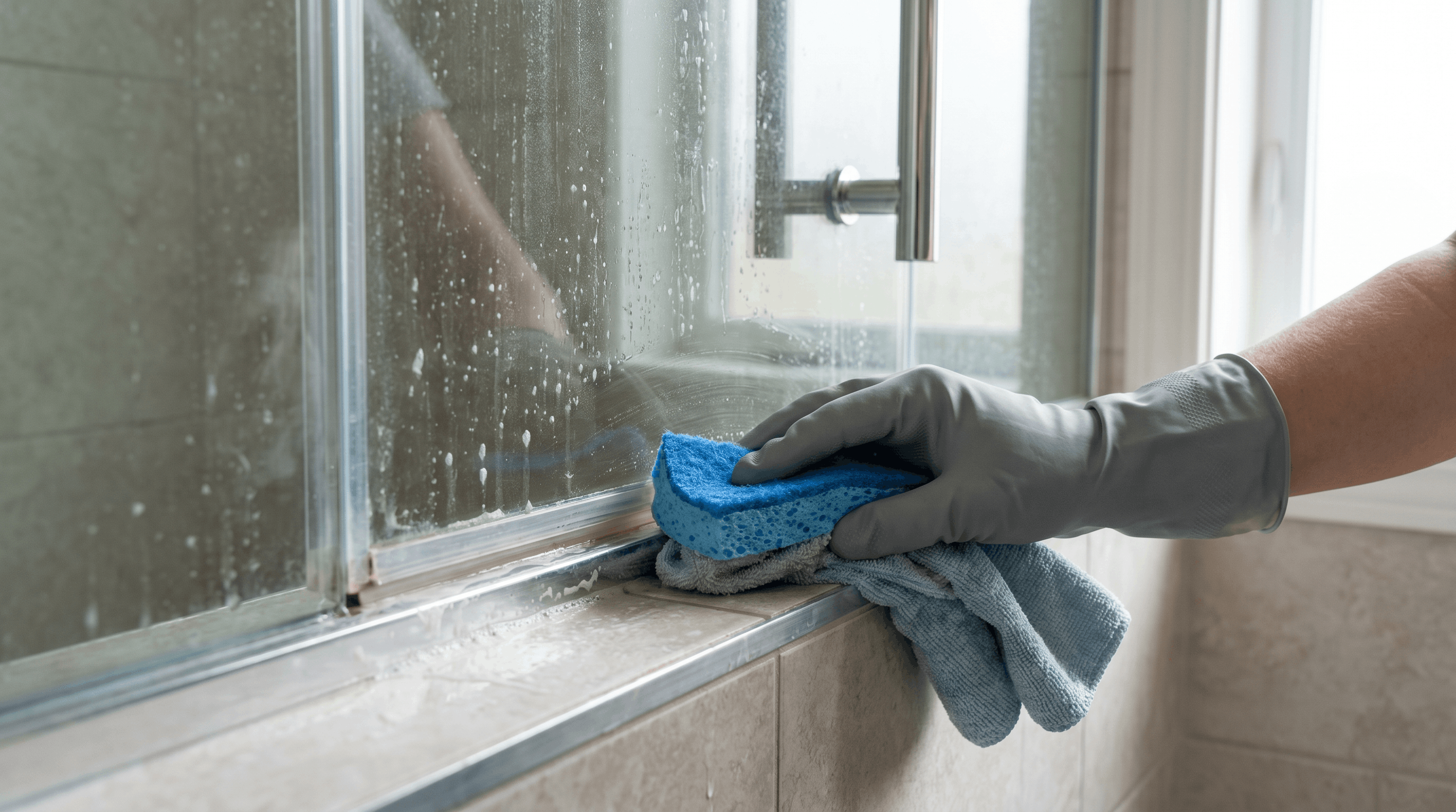 Gently scrubbing shower glass with microfiber cloth to remove soap scum and residue.
