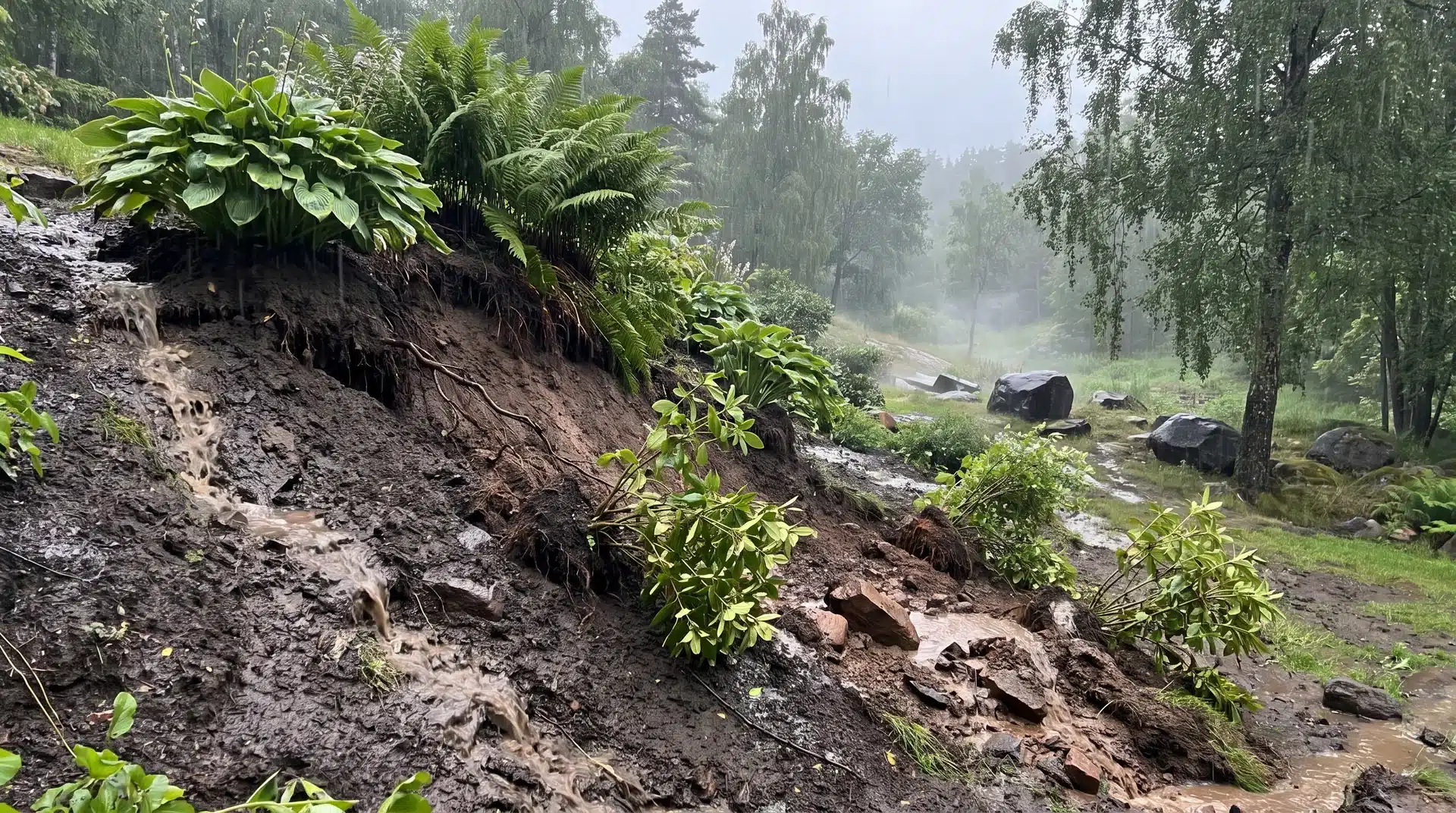 Shallow-rooted plants on steep slopes showing placement mistakes and plants to never plant together for stability.