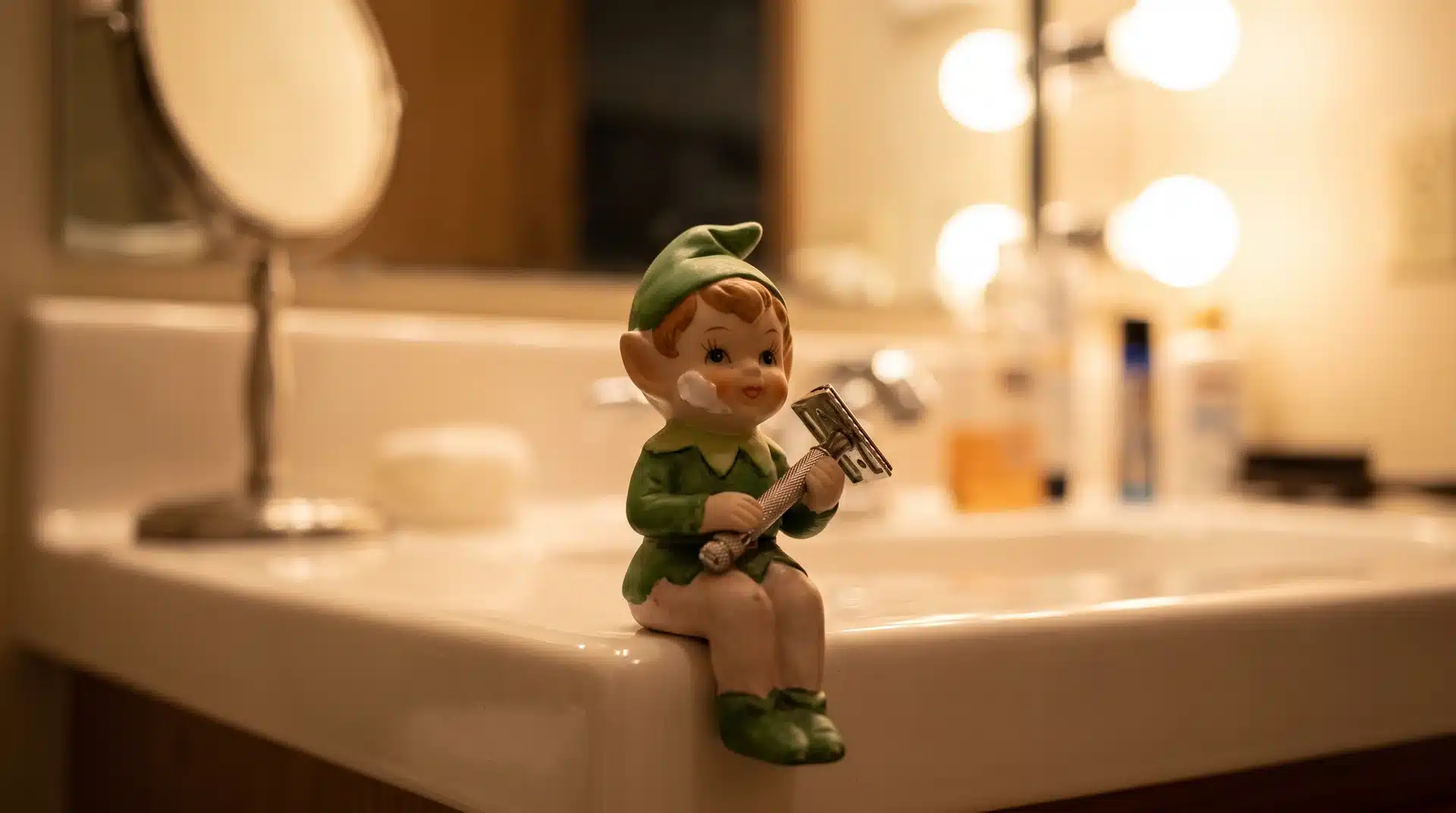 Elf on the shelf at a bathroom sink with shaving cream on its face and a razor in hand.