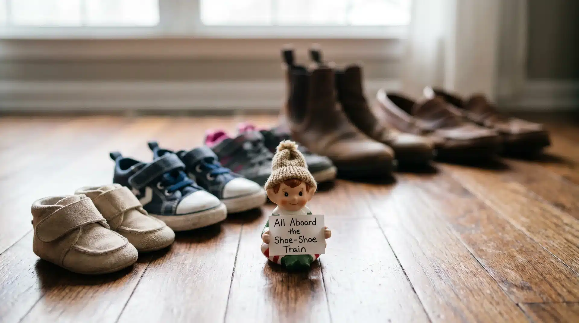 Elf on the shelf at the front of a line of family shoes holding an all aboard sign.