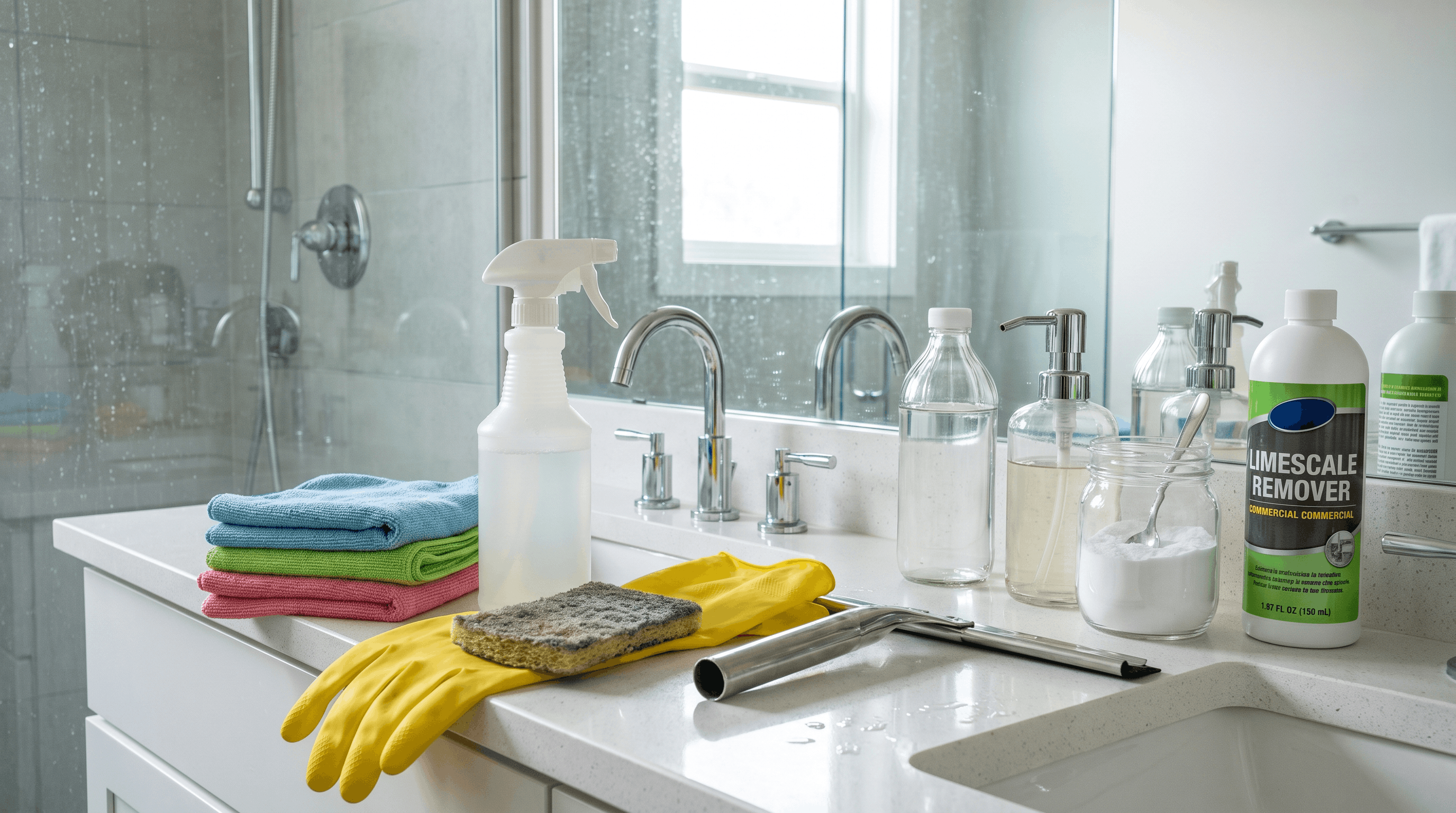 Shower glass cleaning supplies including microfiber cloth, vinegar, squeegee, and cleaning products.