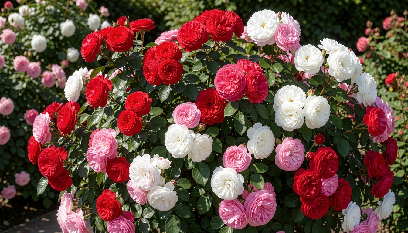 A sprawling modern shrub rose bush with abundant blooms in shades of red, pink, and white, surrounded by deep green, glossy foliage in a sunny garden setting