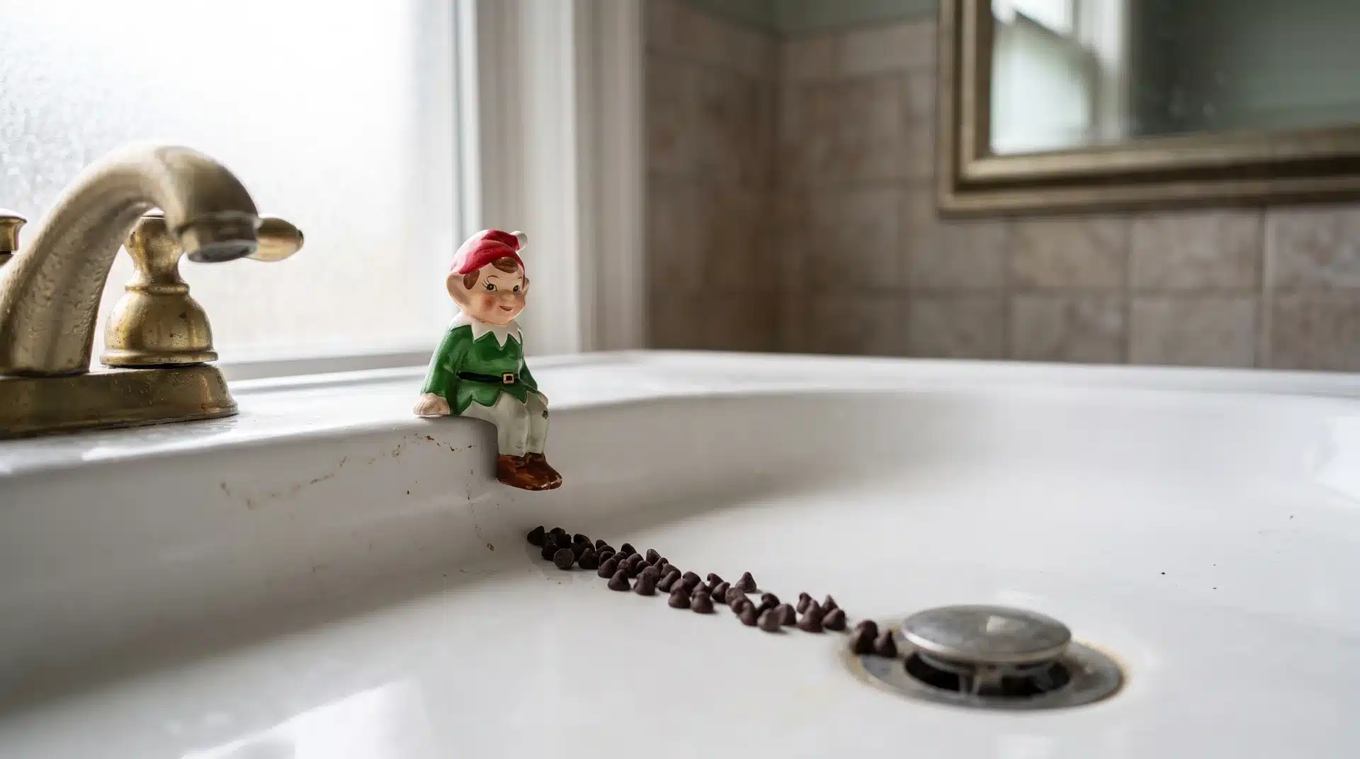 Elf on the shelf on a bathroom sink edge with a chocolate chip trail leading to the drain.