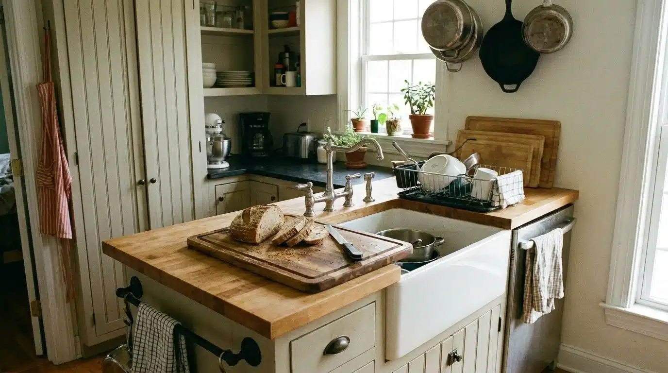 Sliding cutting board covering island sink