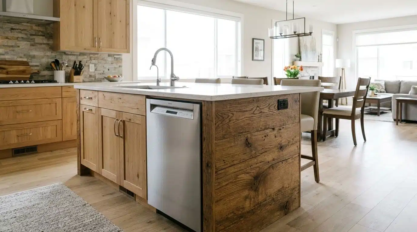 Sliding panel hiding island dishwasher