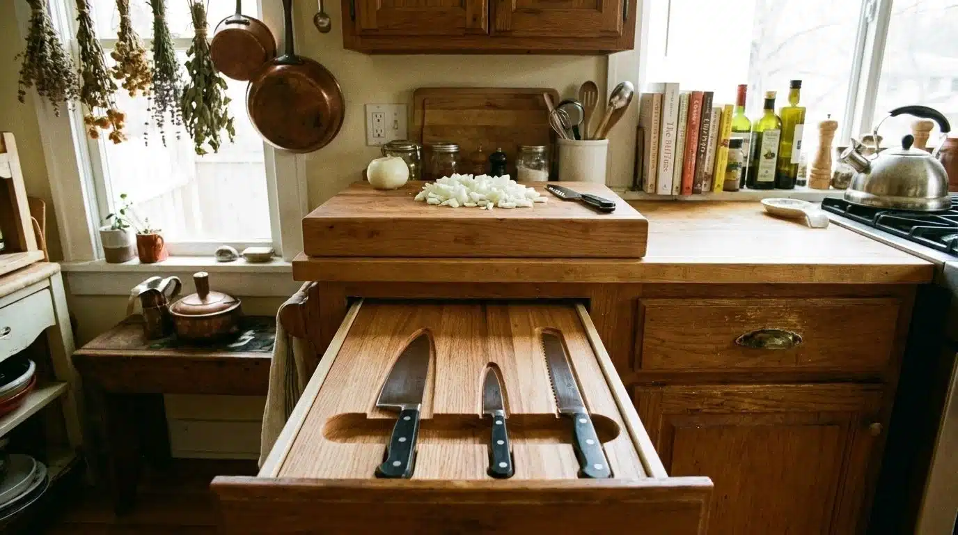 Kitchen island drawer with slotted knife storage
