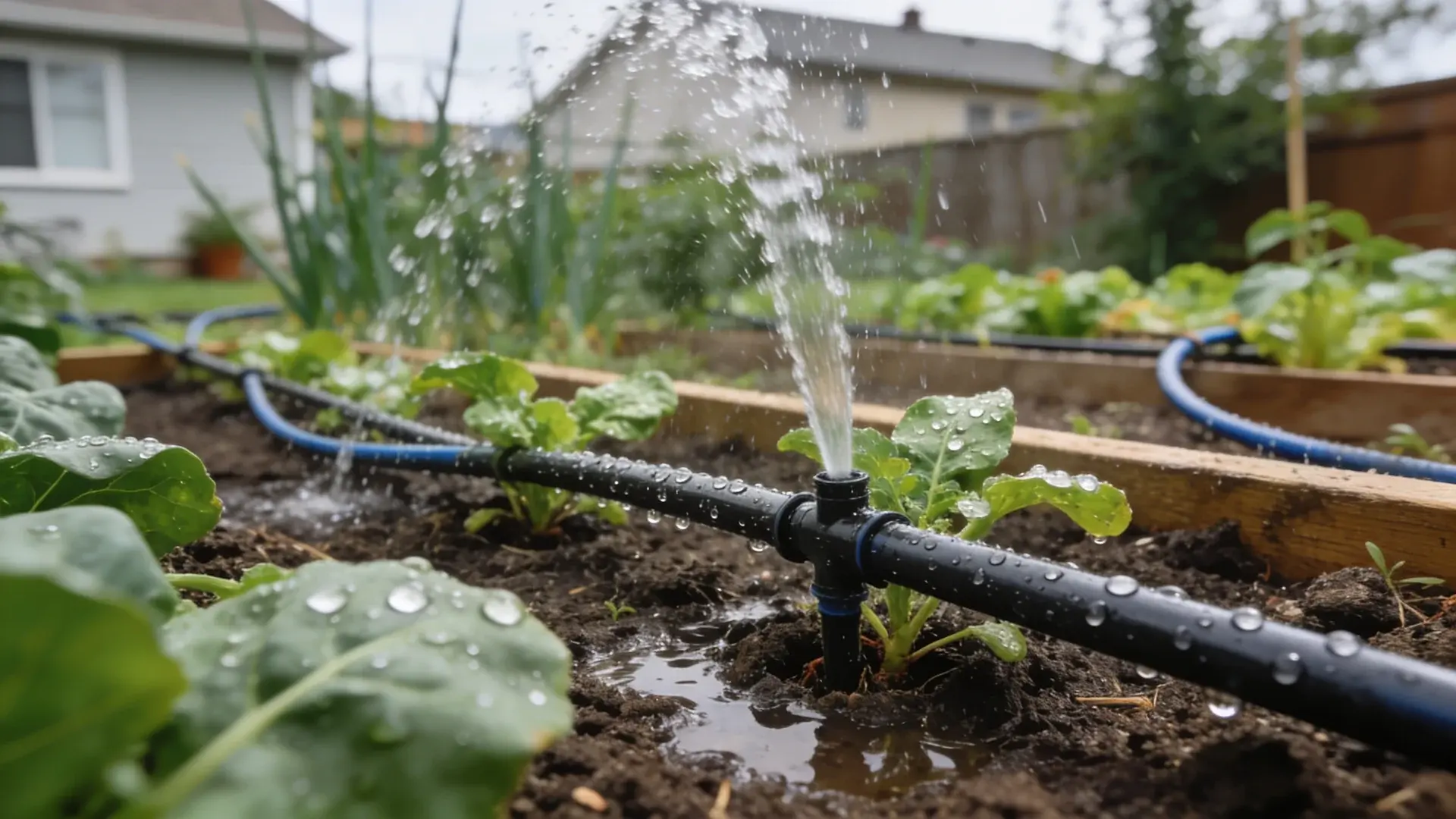 Drip irrigation watering vegetable beds in a home garden