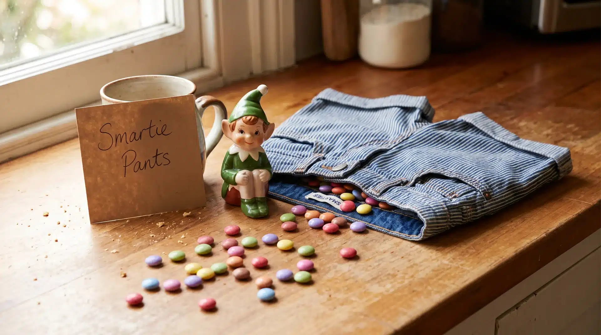 Elf on the shelf beside children's shorts covered in Smarties candy with a smartie pants note.