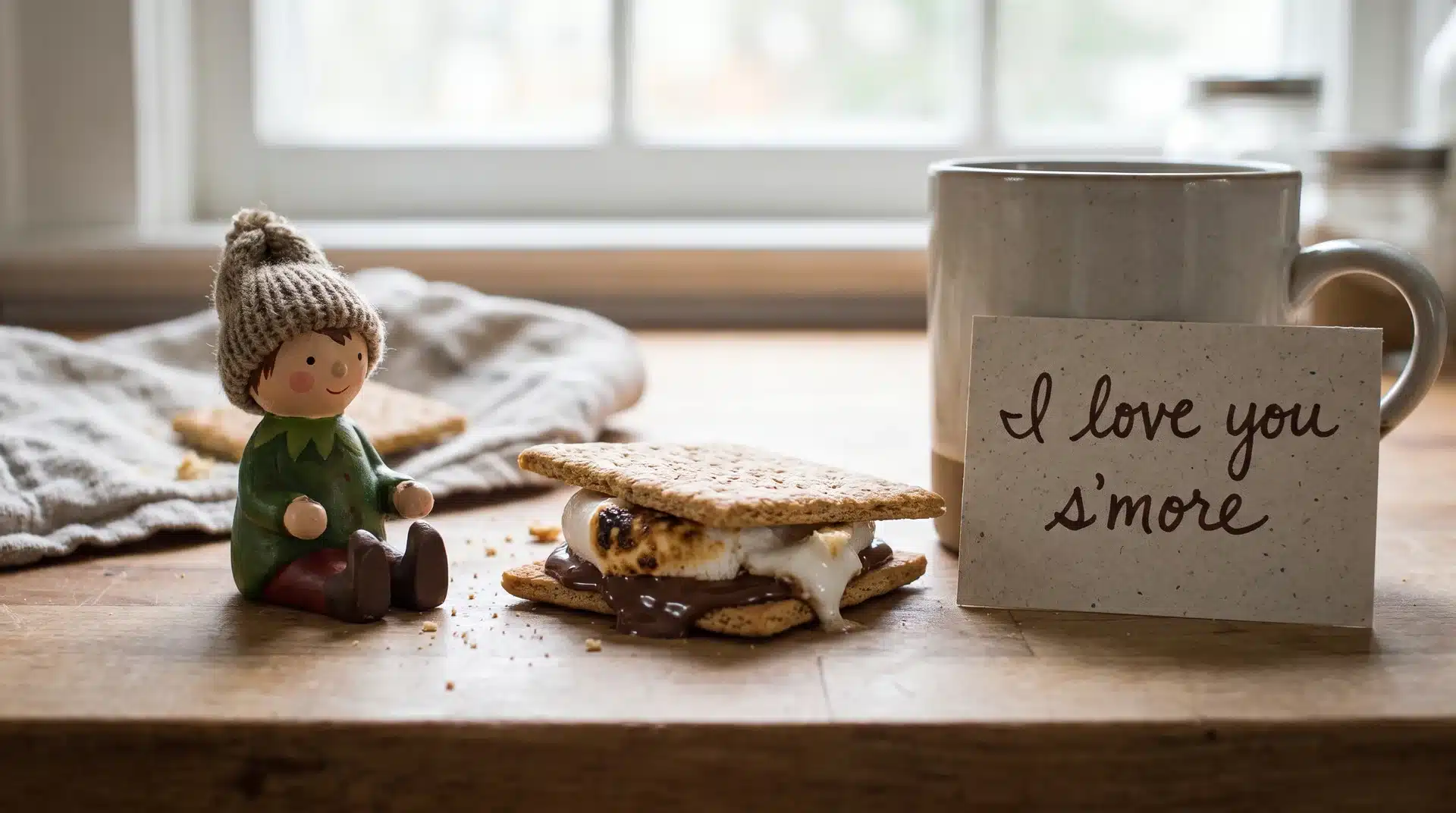 Elf on the shelf sitting beside a stacked s'more with a handwritten I love you s'more card.