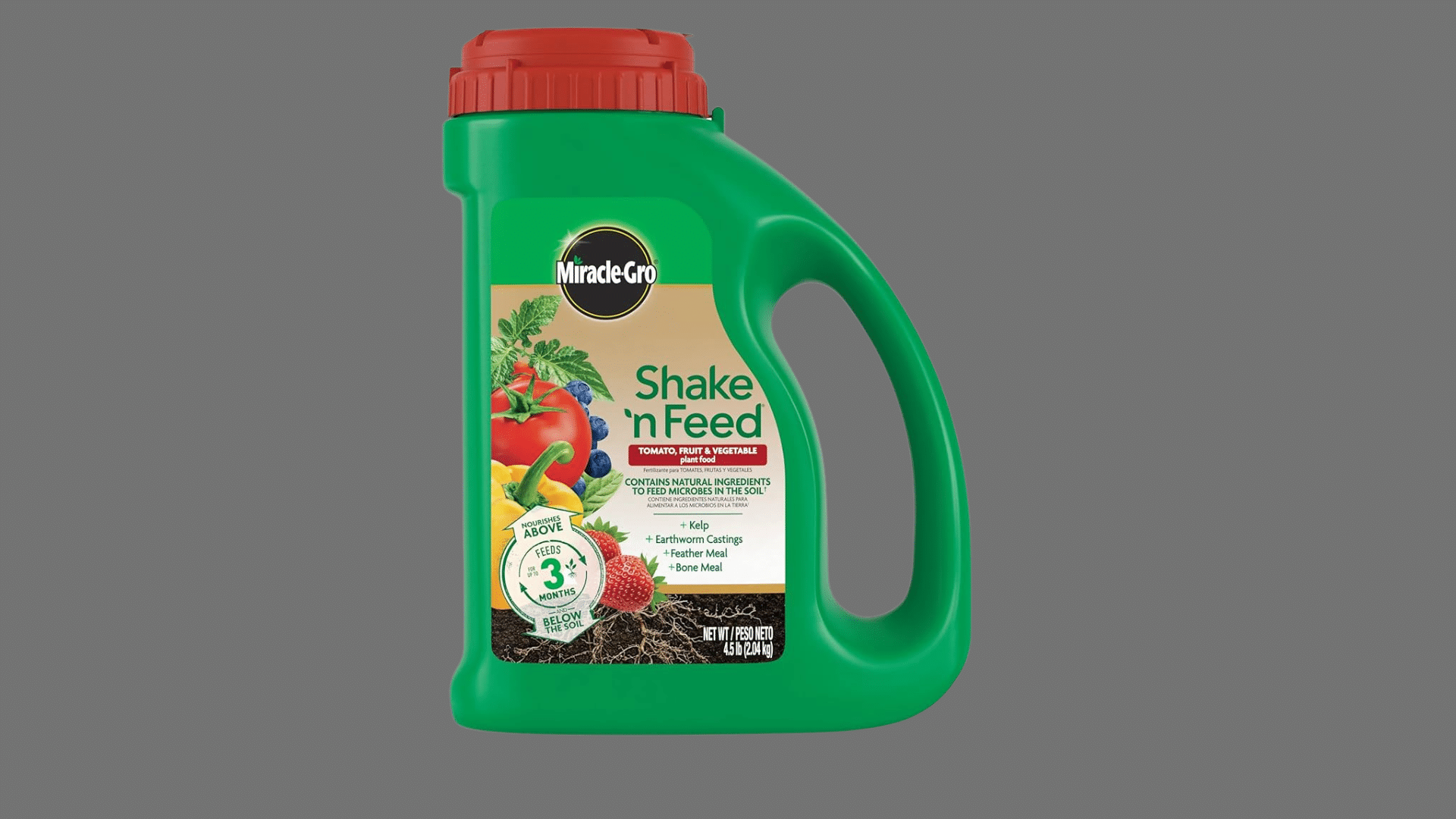 Miracle-Gro Shake ’N Feed Tomato, Fruit and Vegetable plant food container.