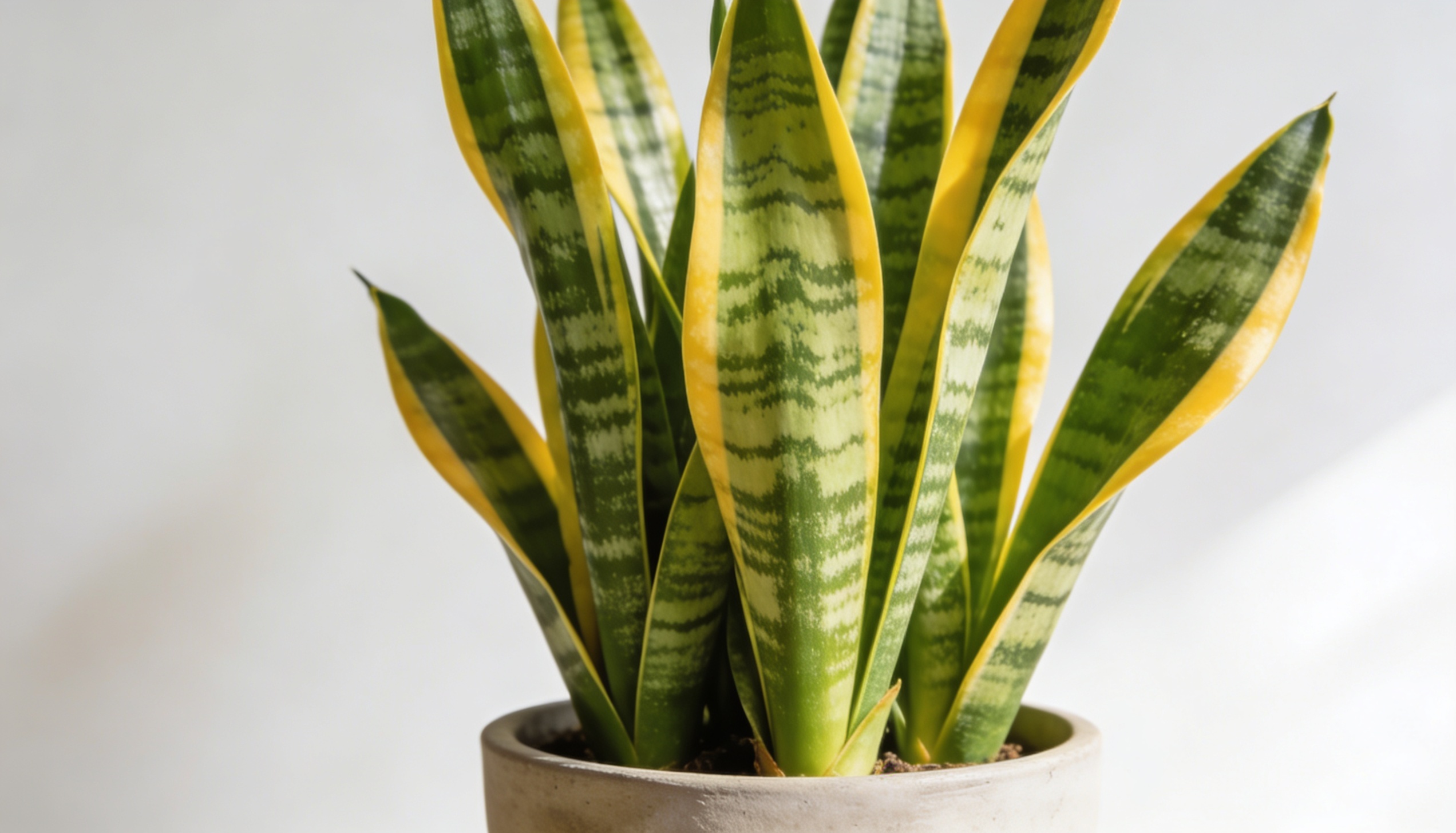 A vibrant snake plant with green and yellow variegated leaves growing in a minimalist grey pot.