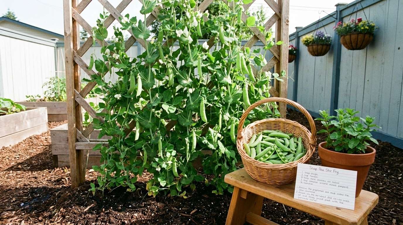 Snap pea vine covered in plump green pods and white flowers climbing a wooden lattice trellis with a wicker basket of freshly picked pods on a garden stool below.
