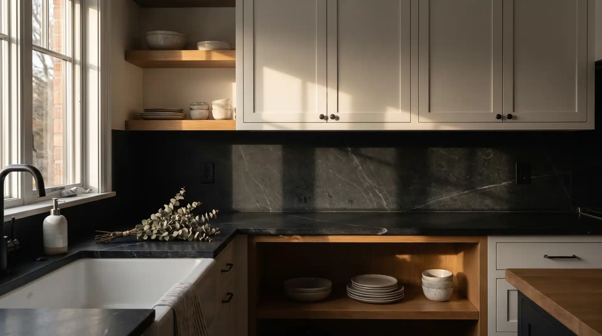 Deep charcoal soapstone splashback with mineral oil finish behind white shaker cabinetry and an oak open shelf.