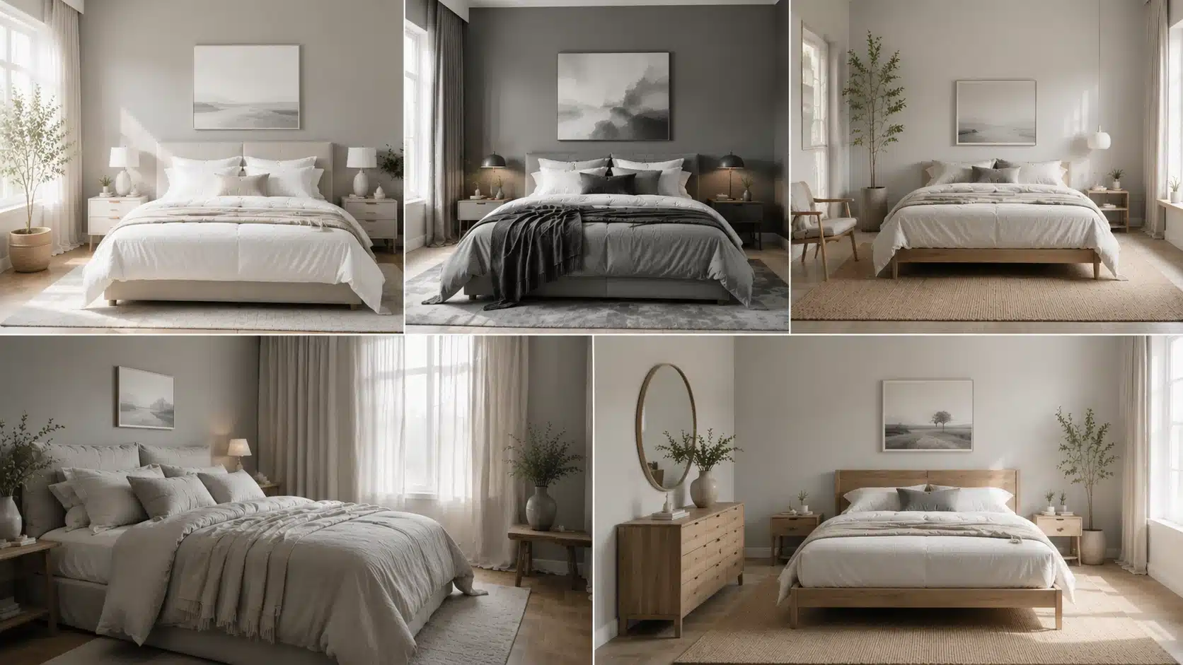 Five soft grey bedrooms with white bedding, Scandinavian styling, linen textures, and natural oak accents in calm interiors.