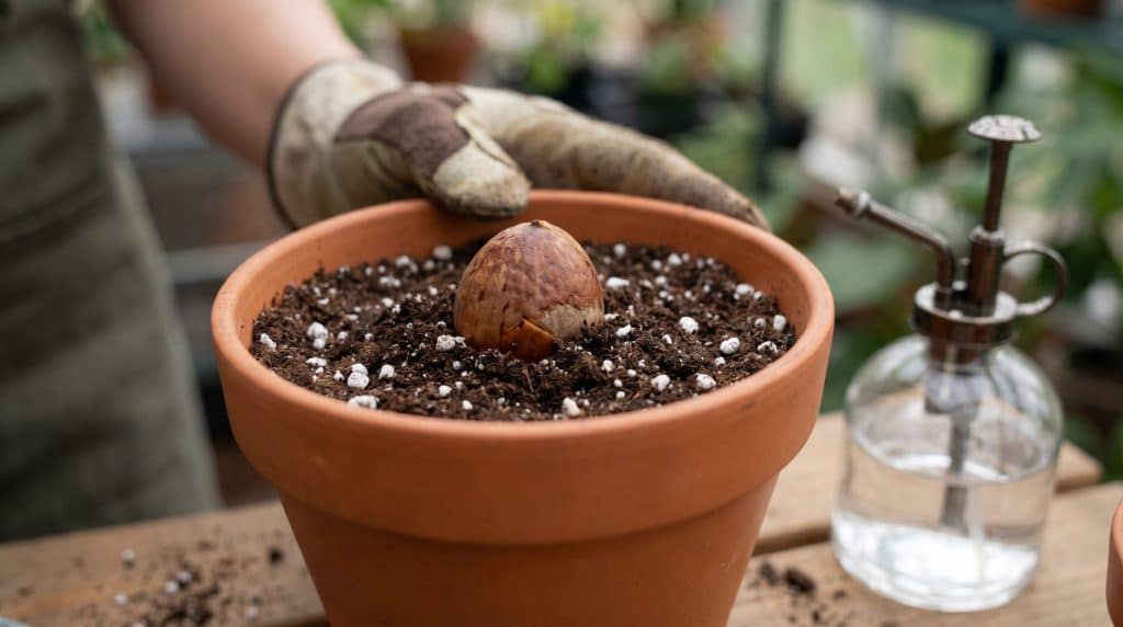 A close-up of an avocado seed planted in soil inside a terracotta pot, ready for growing.