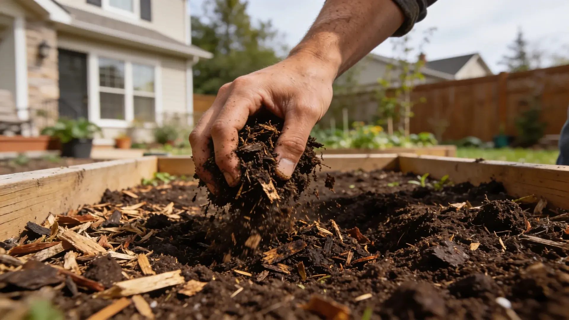 Hands mixing compost into rich soil in a raised garden bed