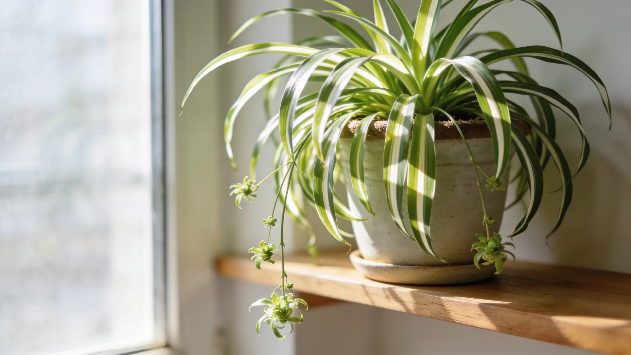 Spider plant with green and white striped leaves in a pot placed indoors with soft natural light.