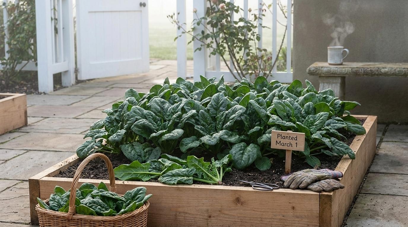 Dark green crinkled spinach leaves with morning dew growing in a shallow wooden raised bed on a stone garden patio in early spring.