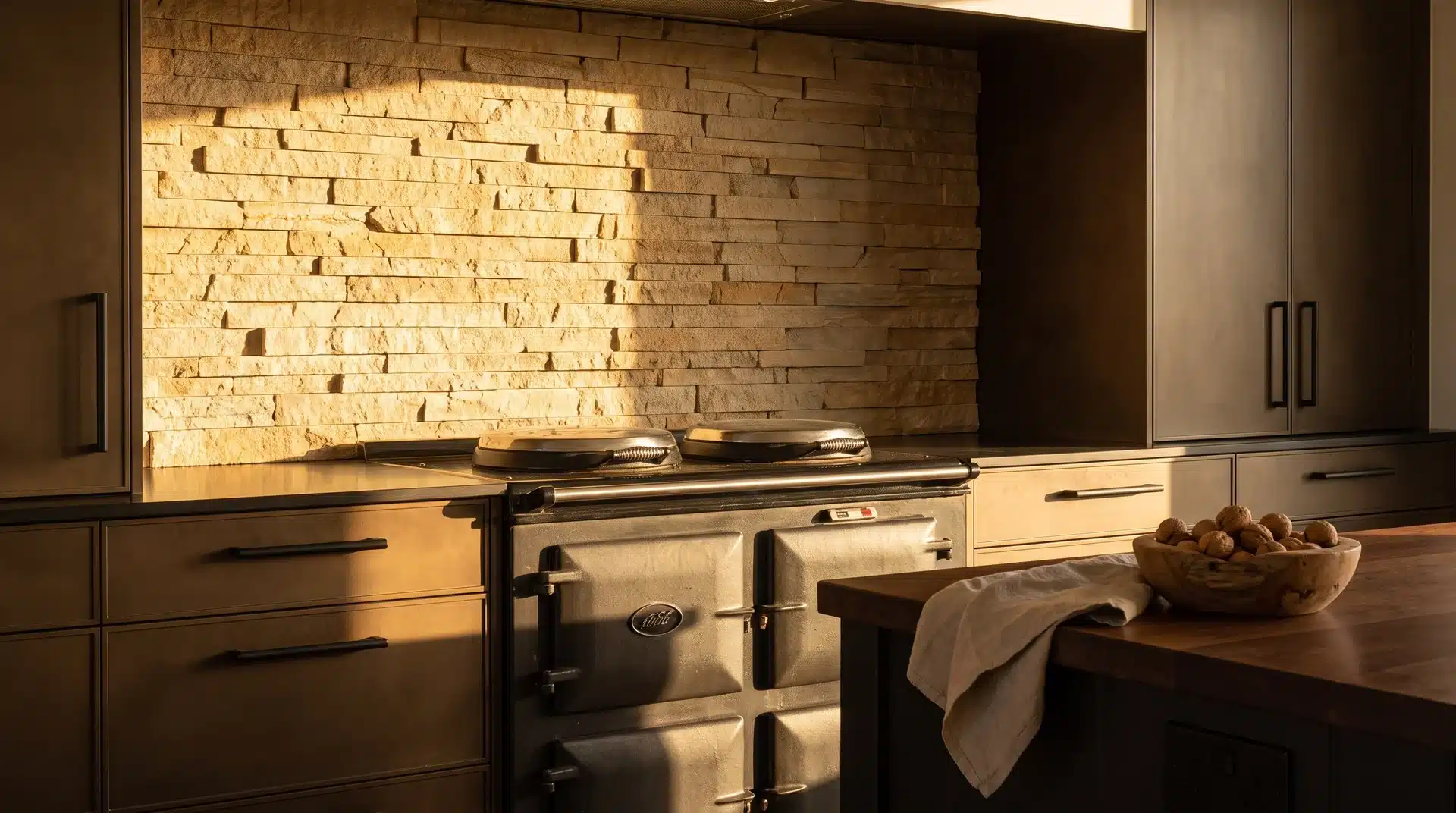 Stacked quartzite ledger stone splashback with shadow detail behind a cast iron range and dark bronze cabinetry.