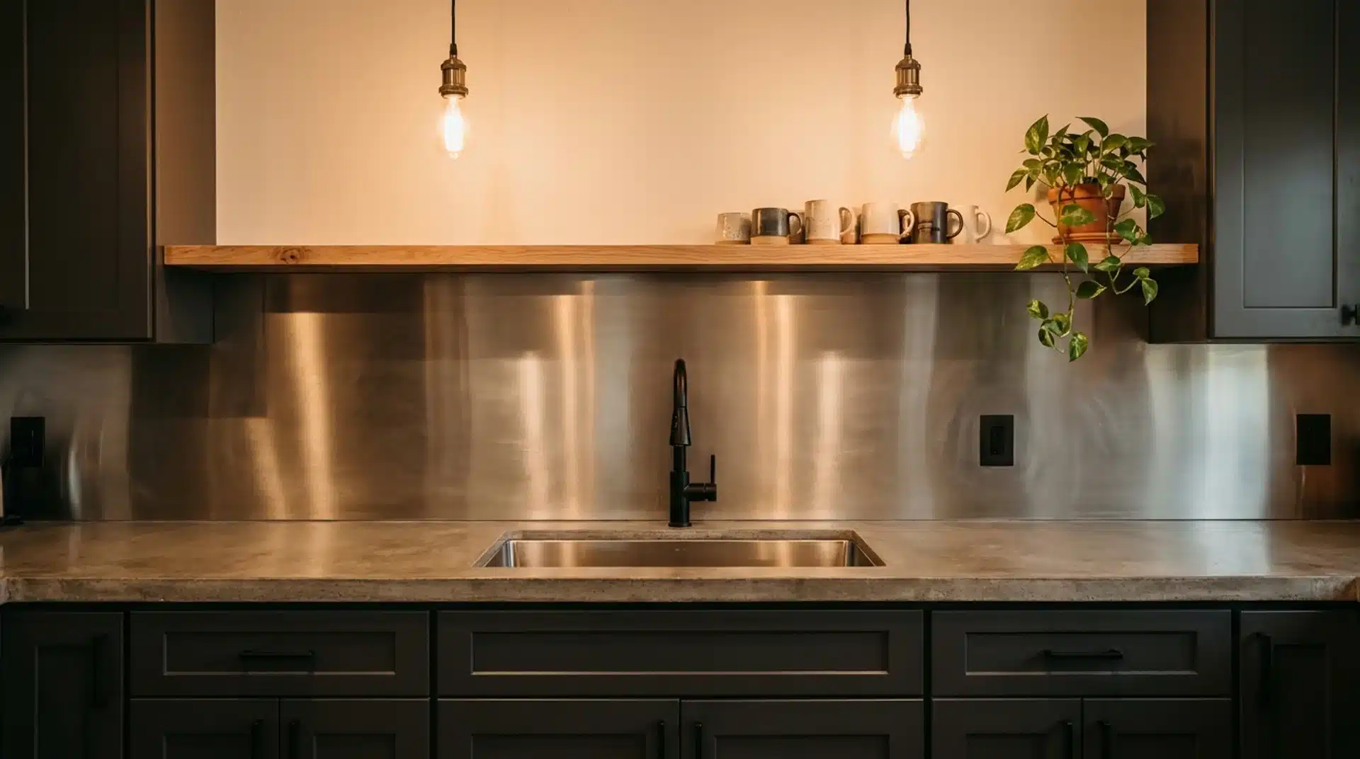Brushed stainless steel kitchen splashback behind undermount sink with dark charcoal cabinets, concrete countertop and oak shelf.