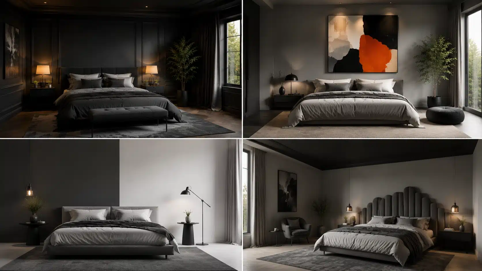 Four statement grey bedrooms with dramatic walls, bold artwork, split tones, dark ceilings, and sculptural headboard designs
