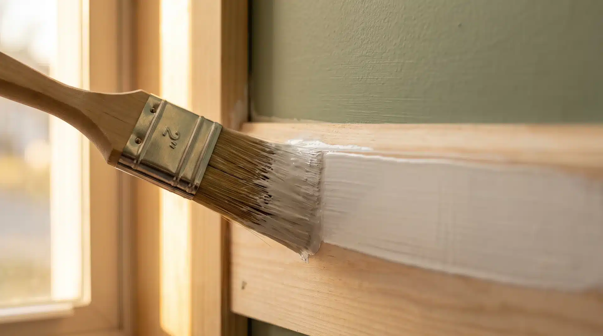 Angled brush applying white semi-gloss paint to door trim with sage green wall visible behind.