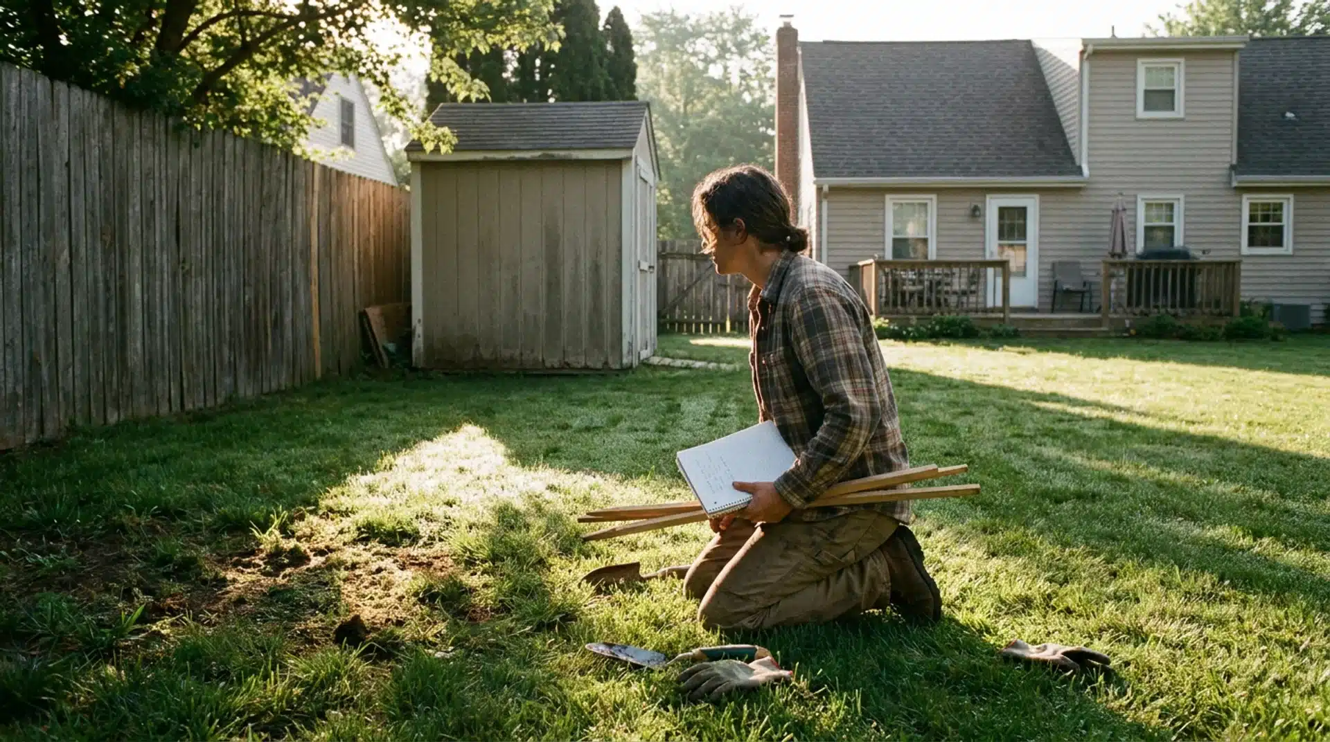 Person kneeling in a sunny backyard with a notebook and stakes planning a vegetable garden location.