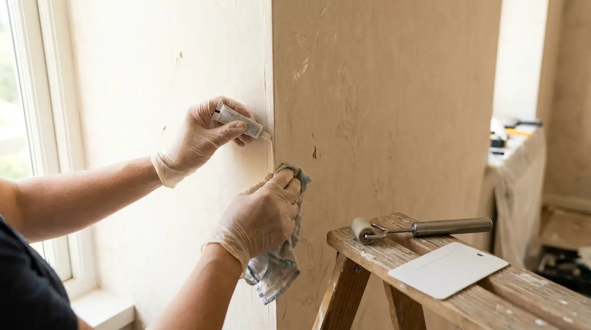 Gloved hands applying seam adhesive to wallpaper edge with a seam roller and scraper on a ladder nearby.