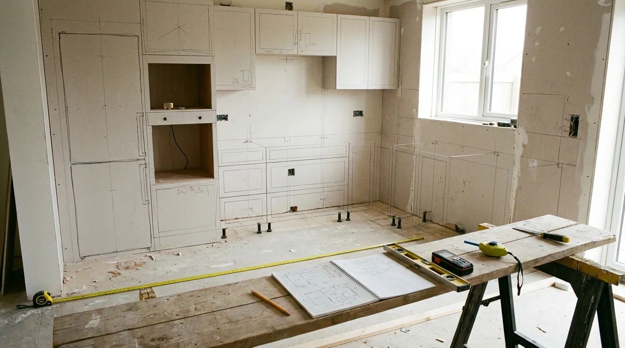 Kitchen layout planning with cabinet markings, measuring tape, pencil, and tools before installation begins.