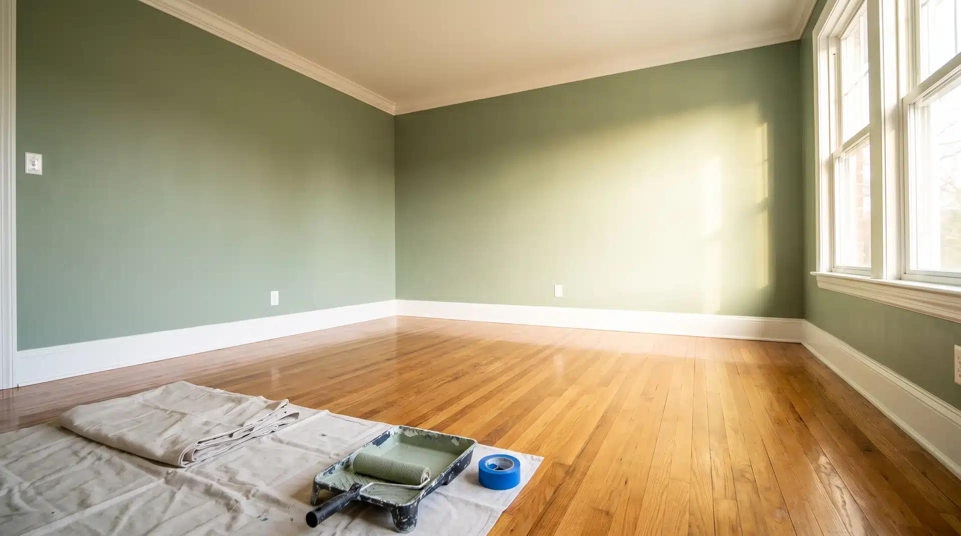 Completed sage green bedroom with white trim and hardwood floor in bright natural light after painting.