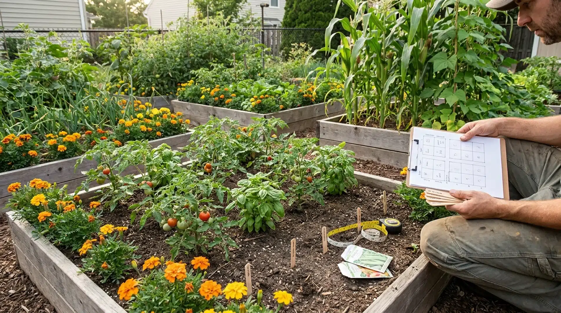 Gardener tracking a sow and harvest timeline on a clipboard beside raised beds with tomatoes and marigolds.