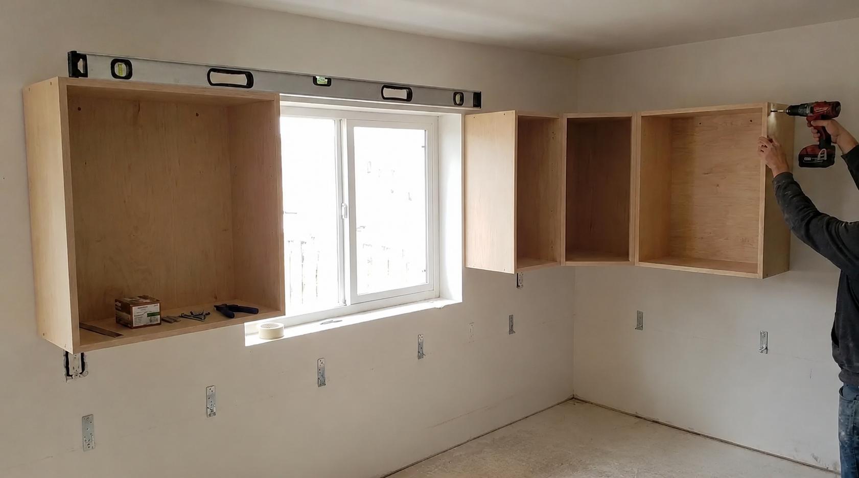 Wall cabinets being installed with mounting rails, brackets, and a spirit level during kitchen fitting.