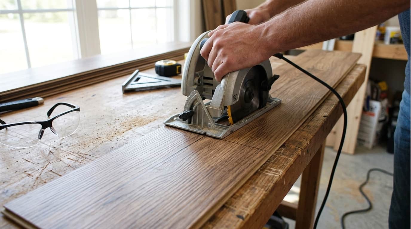Positioning a circular saw blade along the marked line on a laminate plank