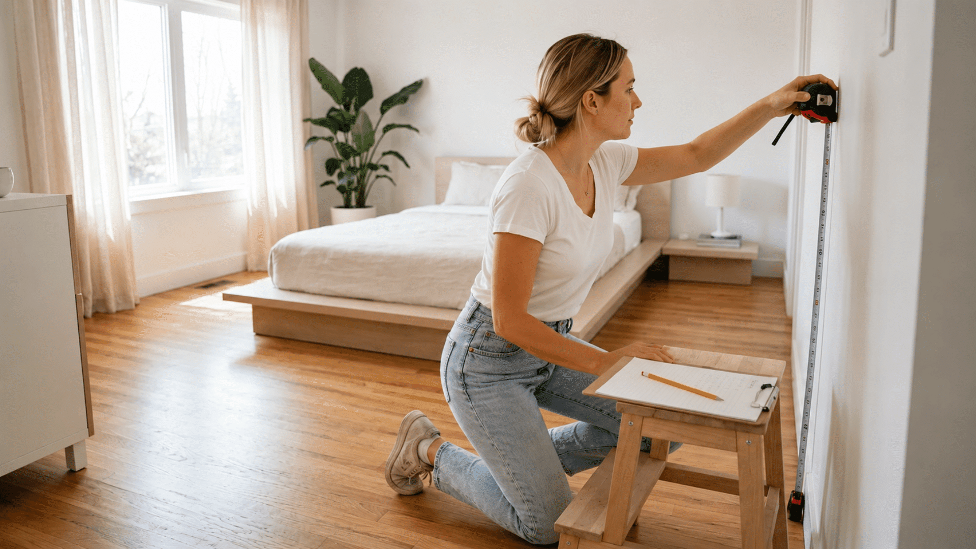 Measuring wall dimensions with tape for paint planning in a bedroom.