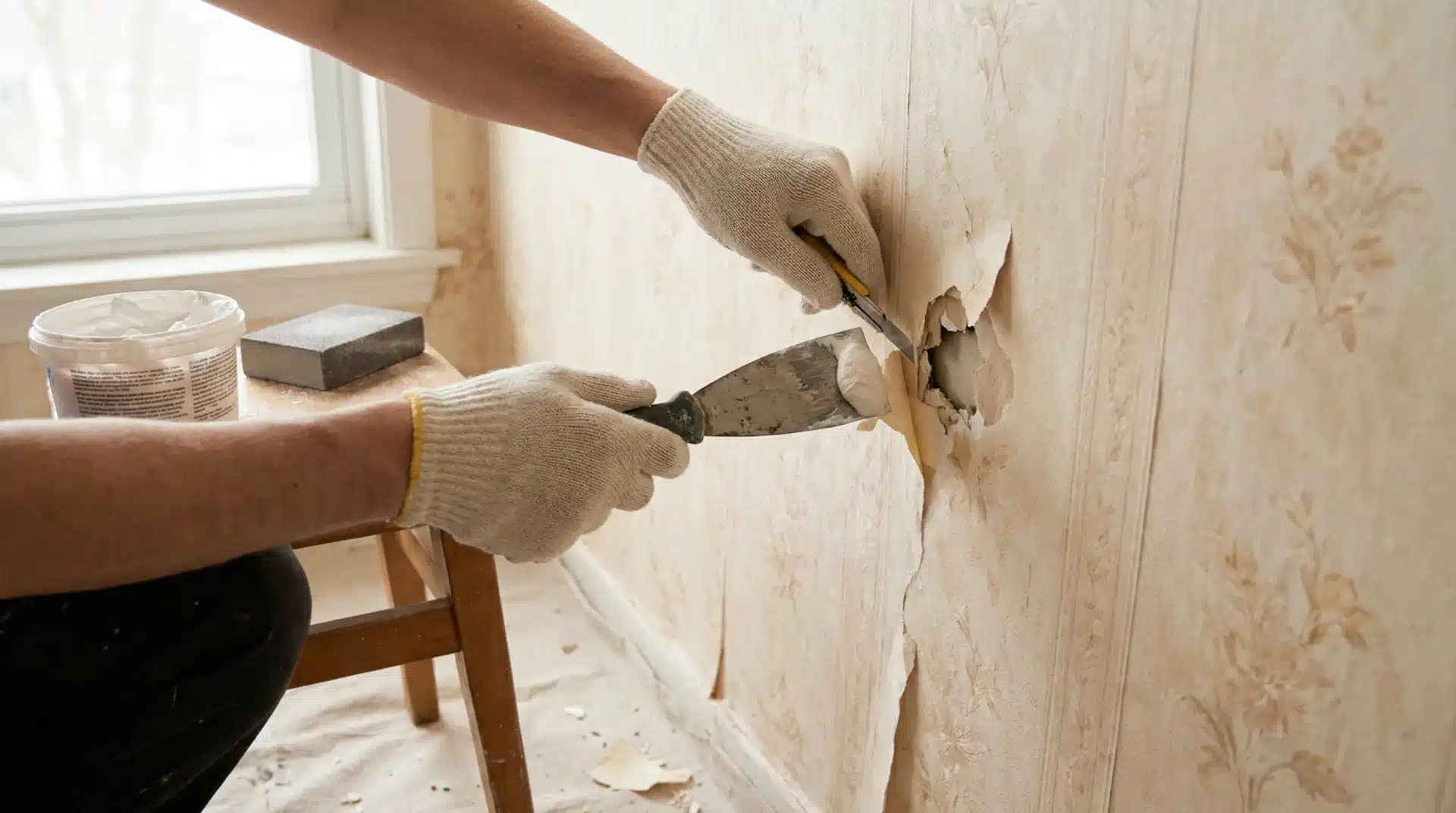 Gloved hands using a putty knife and utility knife to patch torn wallpaper before painting over it.